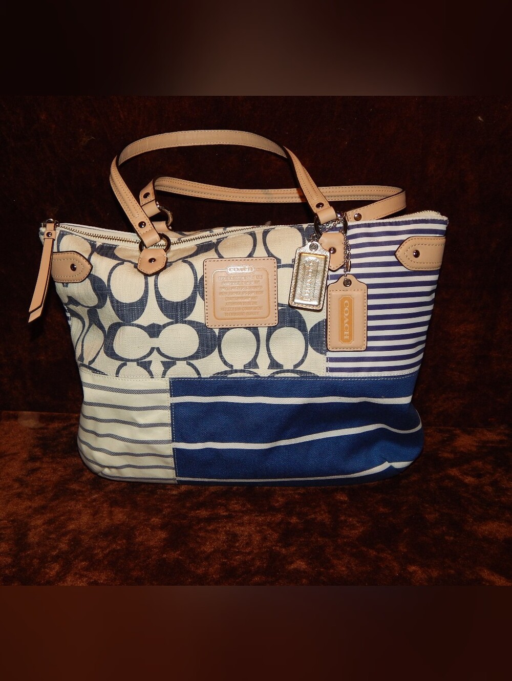 Coach Patchwork Navy and Cream Signature Canvas Tote with Natural Trim